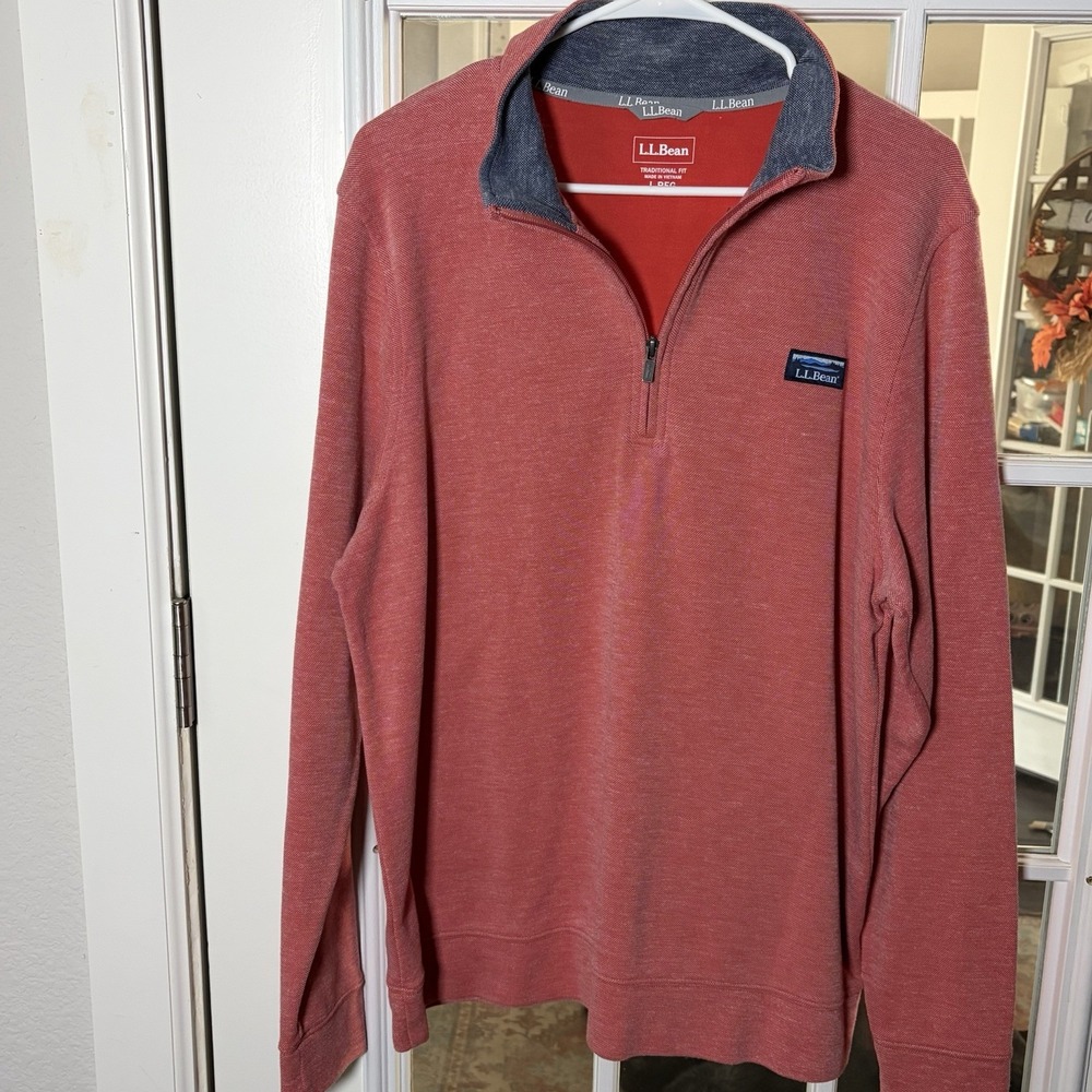 L.L. Bean Traditional Fit Quarter Zip Pull-Over Heathered Red Large Preppy Coast